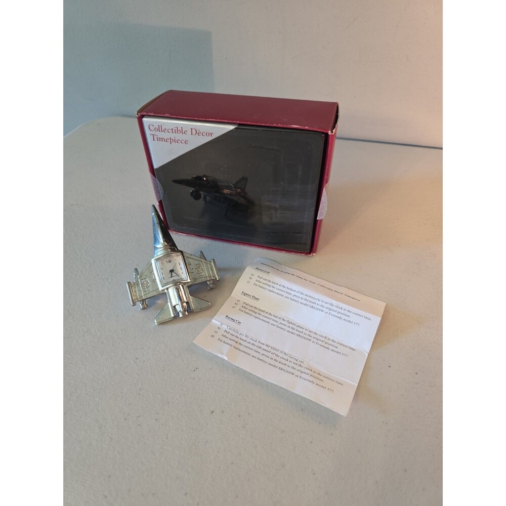Vintage Miniature F-16 Fighter Jet Desk Clock Silver Quartz Collectible...